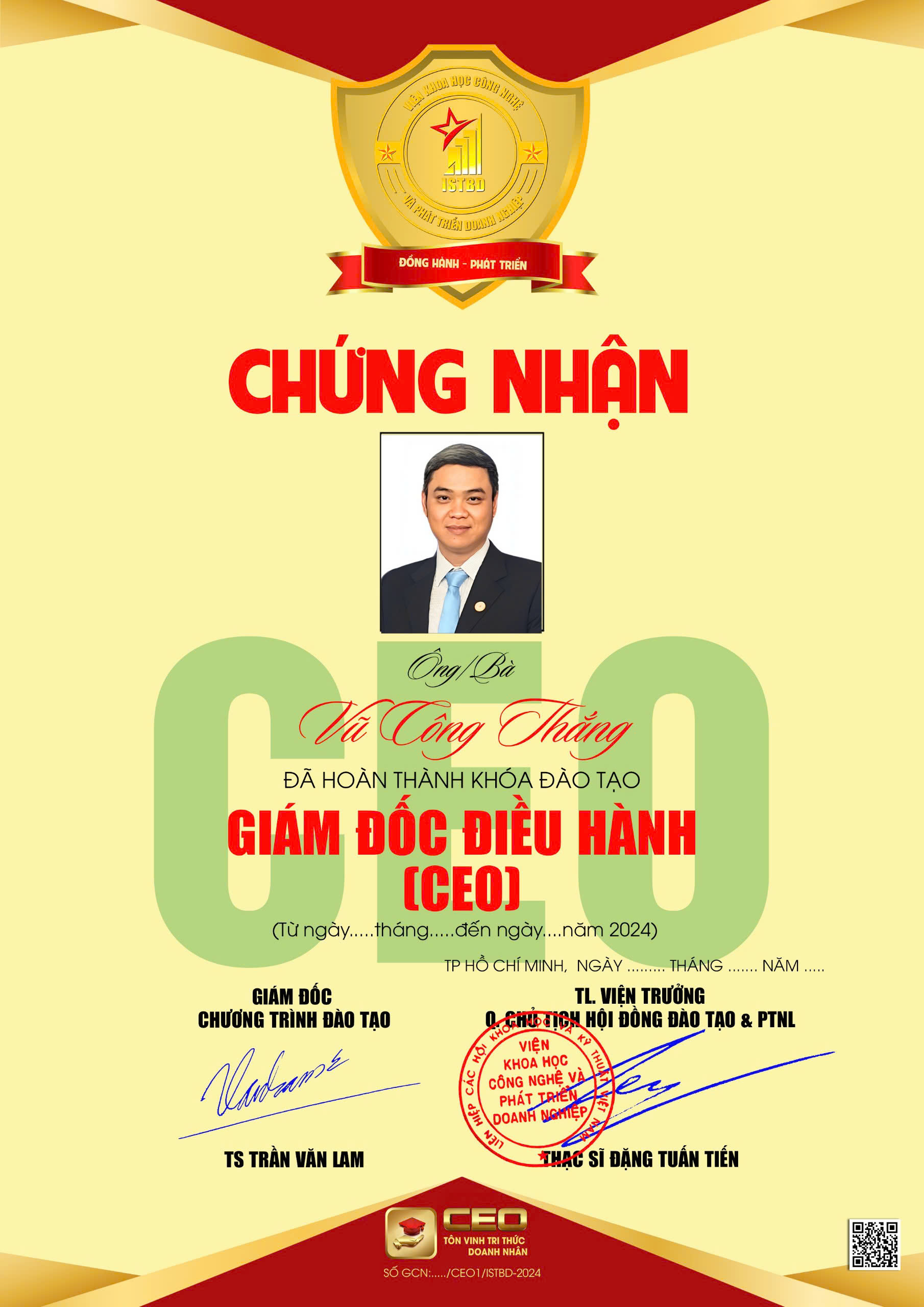 Chứng chỉ sau khóa học CEO 